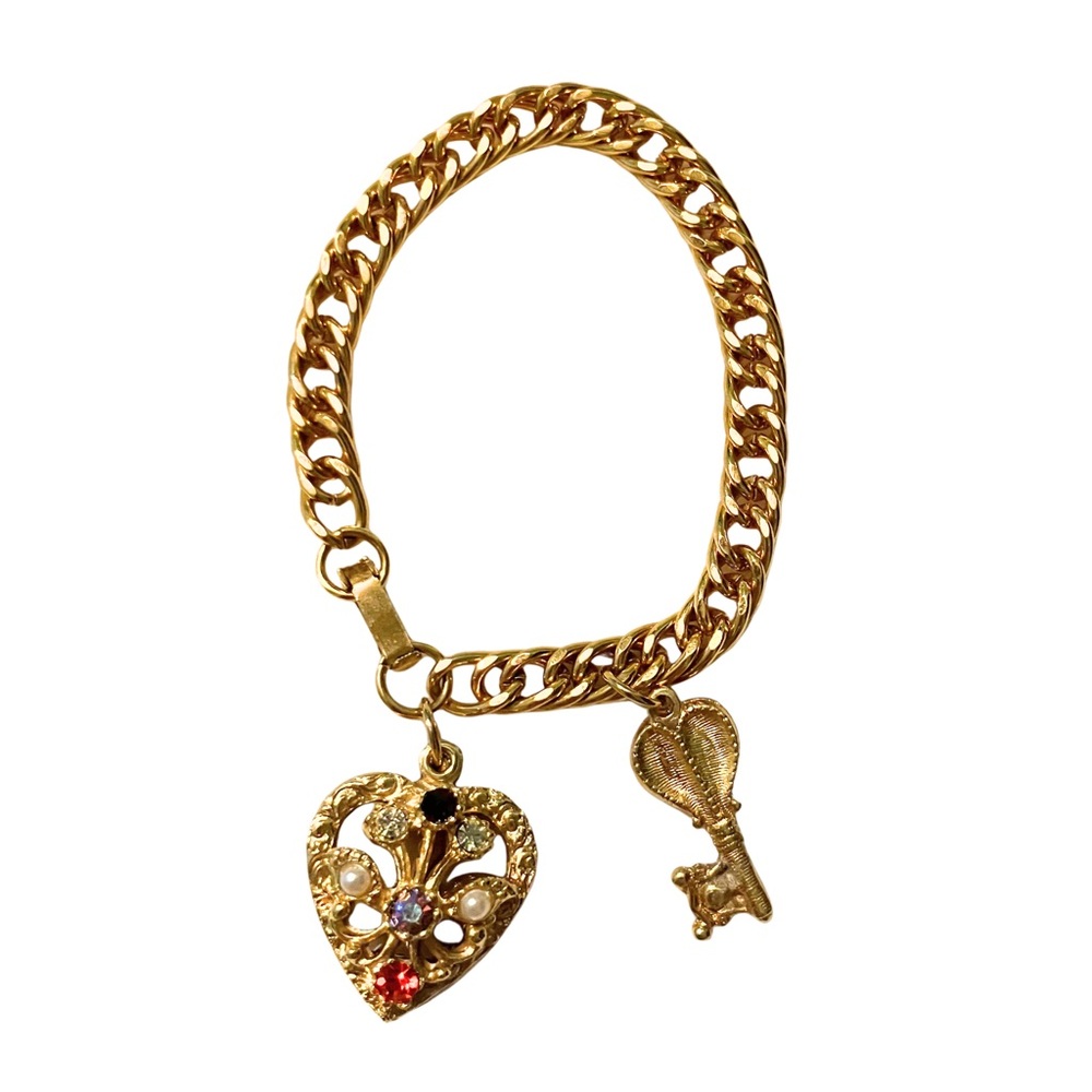 Vintage 70s Gold Tone Coquette Charm Bracelet Heart Key Victorian AB Pearl 6.5” - Picture 3 of 6
